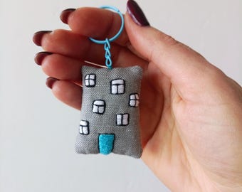 Handmade Linen Embroidered Keychain, Mini House Keyring, Textile Key Fob, Eco Friendly Gift, Apartment building