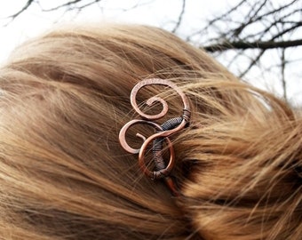 Rustic metal celtic hair stick or fork with spirals - Copper or brass Bun pin - Thick hair jewelry - Womens gift - Hair accessories