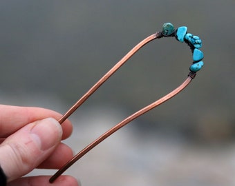 Turquoise Copper Hair Pin: Antiqued Metal Chignon Bun Accessory