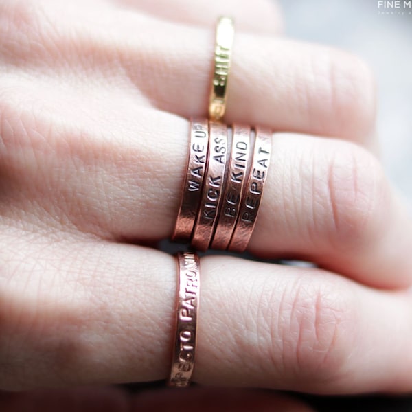 1 custom stamped message ring - Create your own - 1 Personalized Copper stackable name ring - Film or song copper rings - Anniversary gift