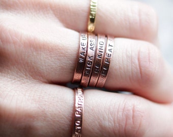 1 custom stamped message ring - Create your own - 1 Personalized Copper stackable name ring - Film or song copper rings - Anniversary gift