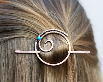 Round spiral hair pin with gemstone - Circle hair barrette - Hair stick Metal hair pin Rustic copper barrette Shawl pin Womens gift For her