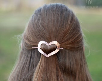 Copper Hammered Heart hair barrette - Hair cuff Love gifts for her Valentine day gift - Long hair accessories - 7th anniversary gift for her