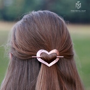 Copper Hammered Heart hair barrette Hair cuff Love gifts for her Valentine day gift Long hair accessories 7th anniversary gift for her image 2