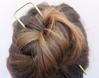 Geometric Brass Hair Fork - French Hair Pin in Copper - Hammered Bun Holder - Boho Hair Accessory
