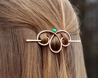 Spiral copper hair clip with genuine gemstone - Metal hair holder - Shawl pin - Womans Gift for her - Handmade hair barrette for thin hair