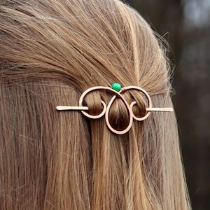 Spiral copper hair clip with genuine gemstone Metal hair holder Shawl pin Womans Gift for her Handmade hair barrette for thin hair image 1