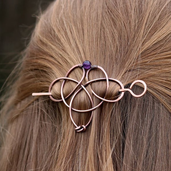 Celtic knot hair jewelry with genuine gemstone - Copper hair clips or barrettes - Shawl pins - Womens gift for her - Barrette with amethyst