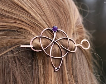 Celtic knot hair clip with genuine gemstone - Trinity triquetra hair pin - Vikings copper hair barrette - Shawl pins Womens gift for her