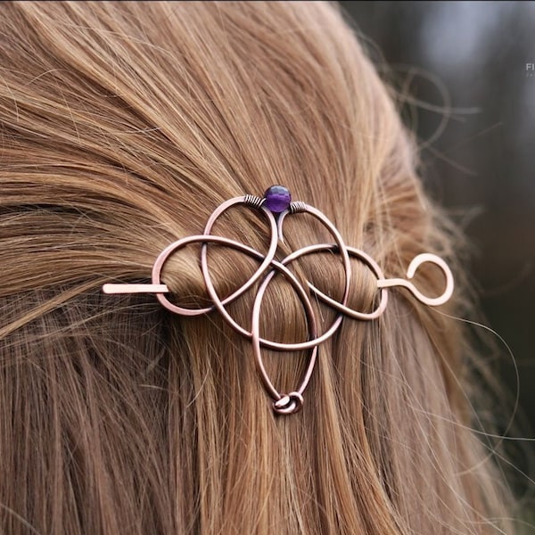 Celtic knot hair clip with genuine gemstone - Trinity triquetra hair pin - Vikings copper hair barrette - Shawl pins Womens gift for her