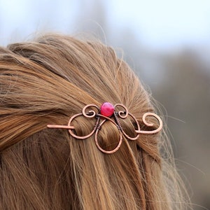 Celtic spiral hair barrette in copper with pink agate - Accessories with genuine gemstone for women gift for her - Rustic shawl sweater pin