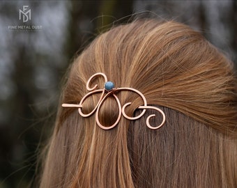 Butterfly hair barrette with genuine gemstone in brass or copper - Half updo hair jewelry - Gift for women - Spiral clip Long hair accessory