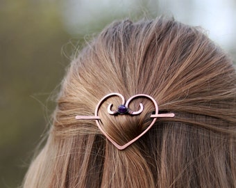 Copper Heart hair barrette with genuine gemstone - Valentine day gift for her - Metal hair clip - Copper brooch for sweater - Shawl pins