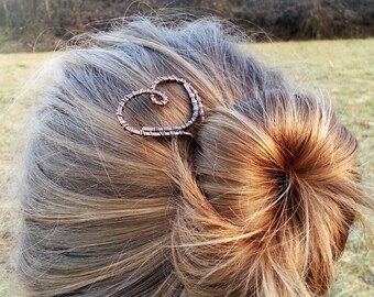 Rustic copper Heart hair fork - Metal hair stick - Women love gift - unique Valentine day present - Simple minimalist hair accessories