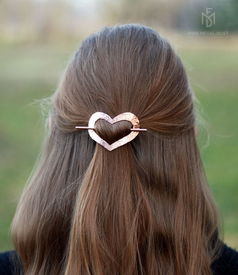 Copper Hammered Heart hair barrette Hair cuff Love gifts for her Valentine day gift Long hair accessories 7th anniversary gift for her image 1