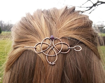 Viking Hair Clip Copper Barrette with Gemstone, Medieval Hair Slide Gift for Her