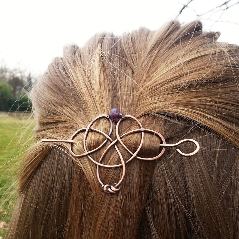 Celtic knot hair clip with genuine gemstone Trinity triquetra hair pin Vikings copper hair barrette Shawl pins Womens gift for her image 5