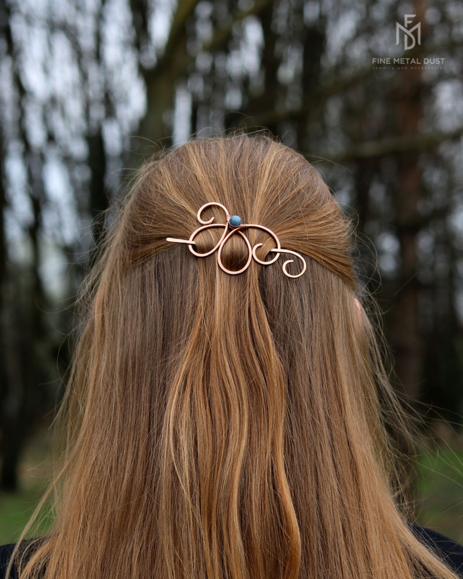 Butterfly Hair Barrette With Genuine Gemstone in Brass or Copper Half