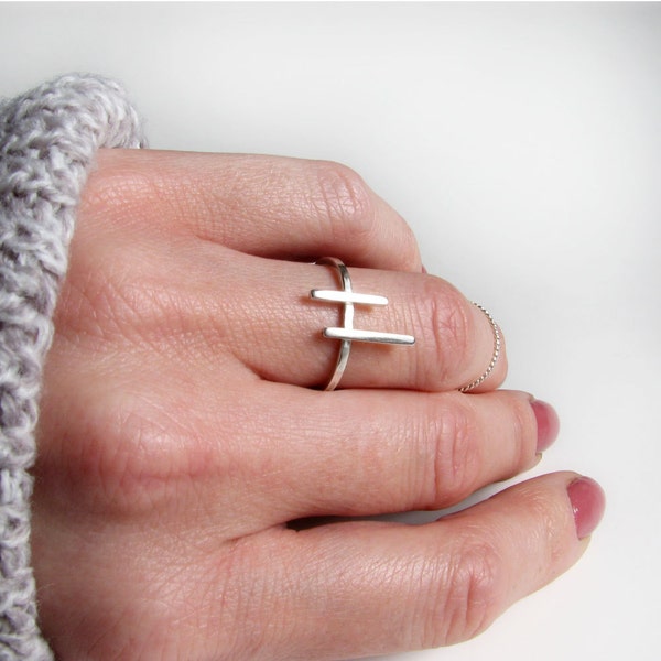 Sterling silver cross ring Double bar ring Silver stack ring Dainty cross ring Simple bar ring Minimal ring Womens gift For her Tiny ring