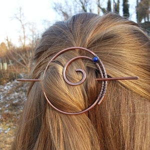 Round spiral hair pin with gemstone Circle hair barrette Hair stick Metal hair pin Rustic copper barrette Shawl pin Womens gift For her zdjęcie 5