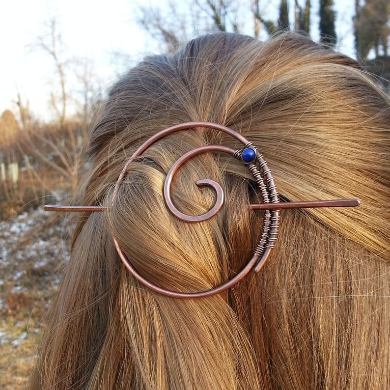 Round spiral hair pin with gemstone Circle hair barrette Hair stick Metal hair pin Rustic copper barrette Shawl pin Womens gift For her image 5