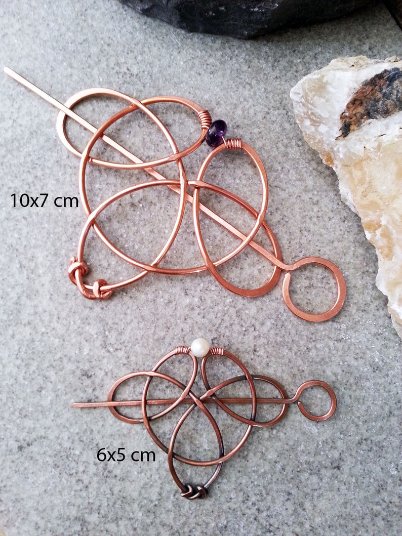 Celtic knot hair clip with genuine gemstone Trinity triquetra hair pin Vikings copper hair barrette Shawl pins Womens gift for her image 6