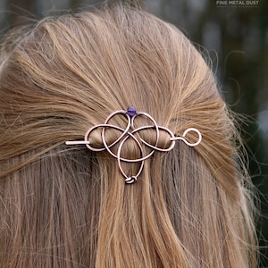 Celtic knot hair clip with genuine gemstone Trinity triquetra hair pin Vikings copper hair barrette Shawl pins Womens gift for her image 3