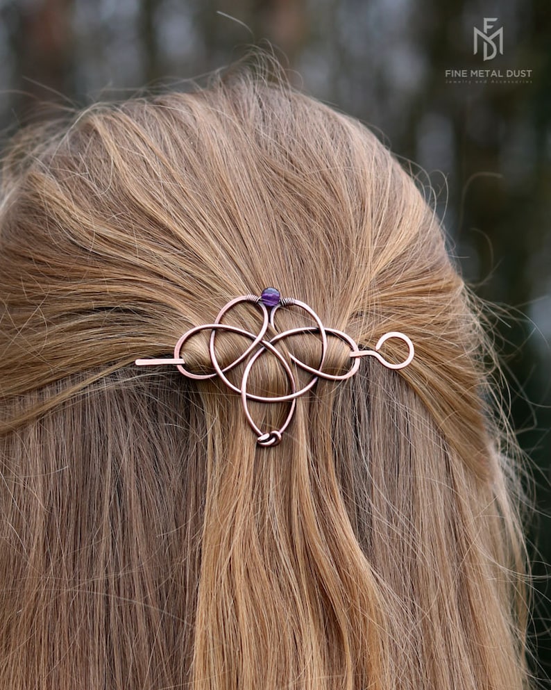 Celtic knot hair clip with genuine gemstone Trinity triquetra hair pin Vikings copper hair barrette Shawl pins Womens gift for her image 3