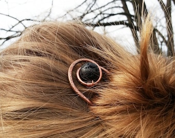 Rustic copper hair stick with lava bead bun pin - Minimalist hair accessories for women - Gifts for girlfriend , wife , daughter