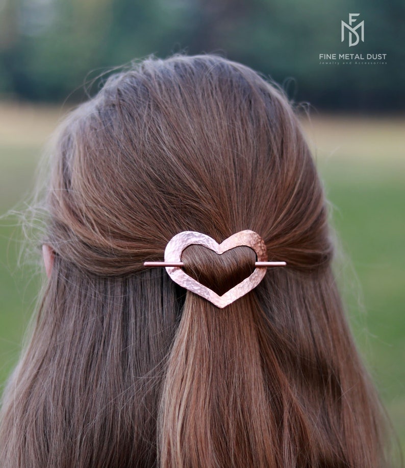 Copper Hammered Heart hair barrette Hair cuff Love gifts for her Valentine day gift Long hair accessories 7th anniversary gift for her image 2