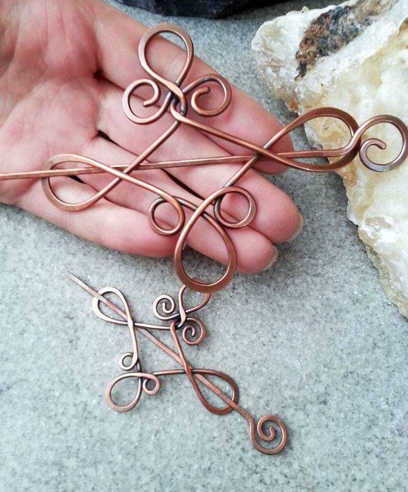 Celtic knot copper hair barrette Rustic sweater shawl pins Metal hair accessory for girl Vikings hair slide jewelry Gift for her image 5