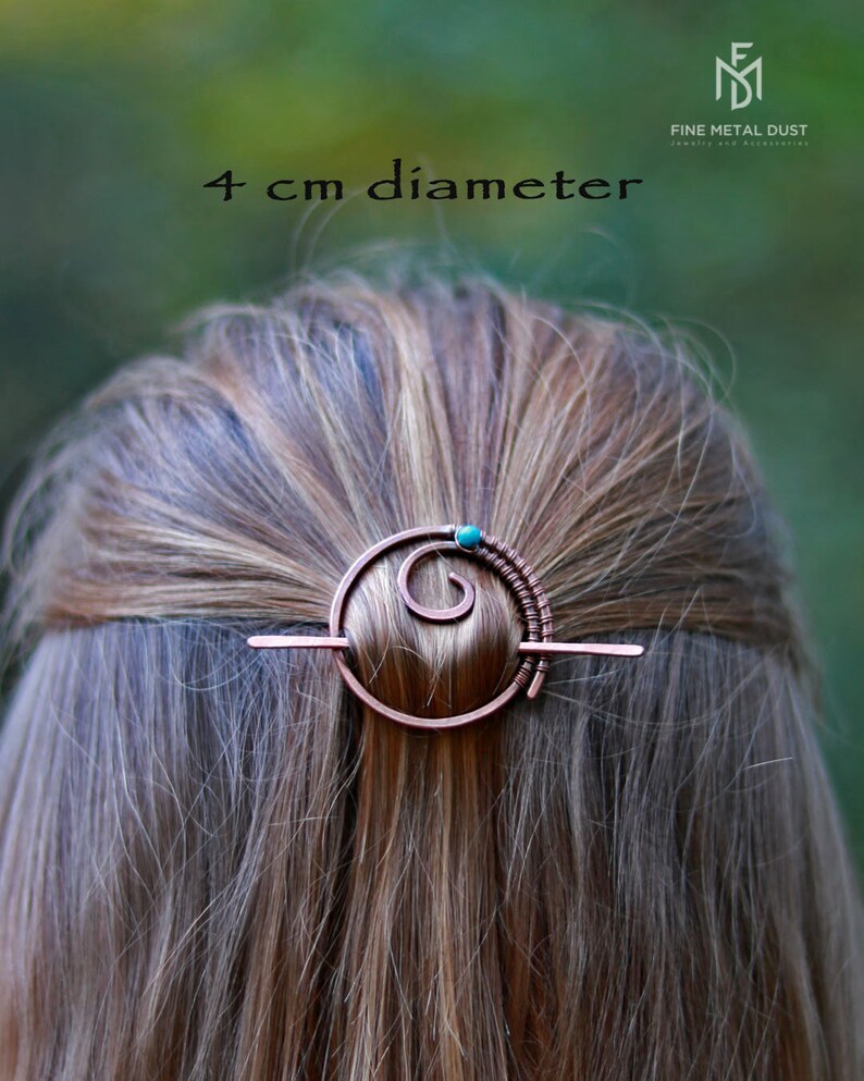 Round spiral hair pin with gemstone Circle hair barrette Hair stick Metal hair pin Rustic copper barrette Shawl pin Womens gift For her image 3