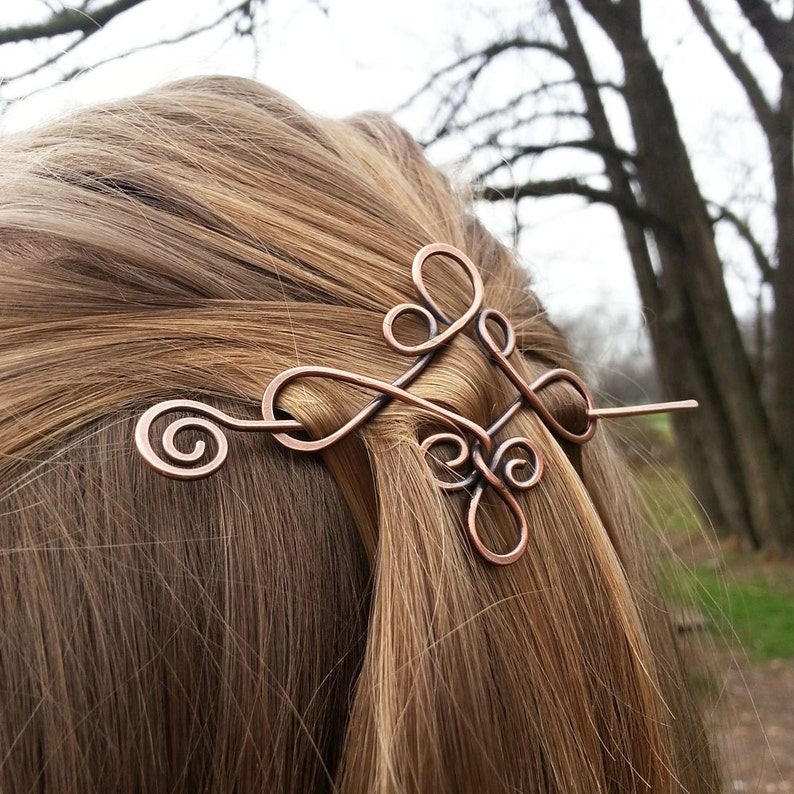 Celtic knot copper hair barrette Rustic sweater shawl pins Metal hair accessory for girl Vikings hair slide jewelry Gift for her image 2