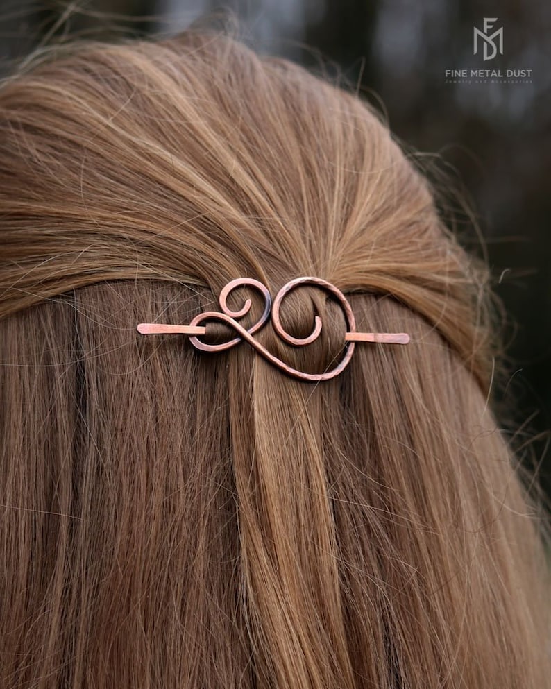 Celtic spiral hair pin in Copper or Brass barrette hair holder Thin or thick hair clip Shawl sweater pin Anniversary Womens gift for her image 1