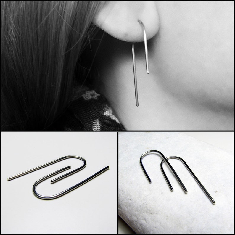 Mulefoot bar earrings Steel horseshoe arc hoops Women gift For her Asymmetric silver earrings