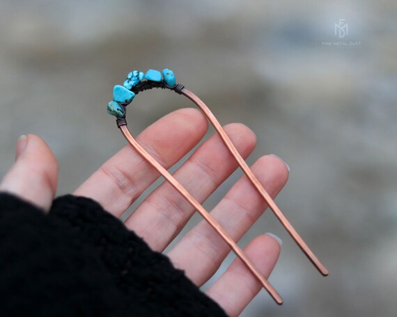 Turquoise Copper Hair Pin: Antiqued Metal Chignon Bun  display picture 3