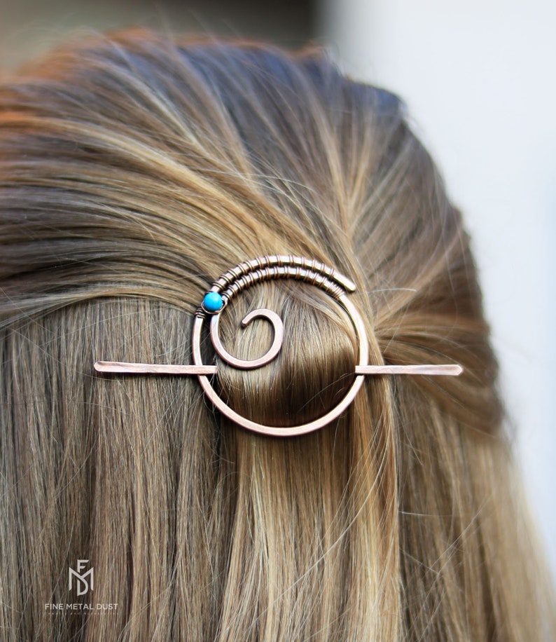 Round spiral hair pin with gemstone Circle hair barrette Hair stick Metal hair pin Rustic copper barrette Shawl pin Womens gift For her image 1