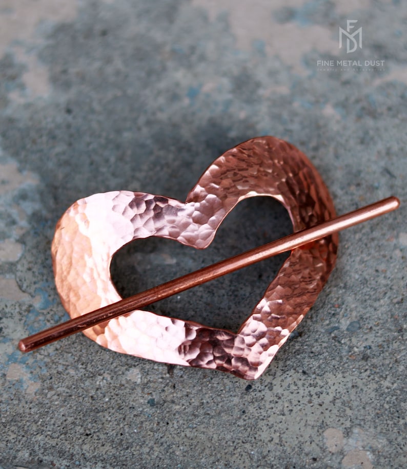 Copper Hammered Heart hair barrette Hair cuff Love gifts for her Valentine day gift Long hair accessories 7th anniversary gift for her image 7