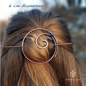 Round spiral hair pin with gemstone Circle hair barrette Hair stick Metal hair pin Rustic copper barrette Shawl pin Womens gift For her image 4