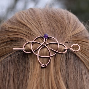 Celtic knot hair clip with genuine gemstone Trinity triquetra hair pin Vikings copper hair barrette Shawl pins Womens gift for her image 8