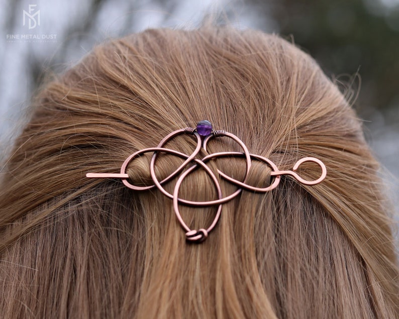 Celtic knot hair clip with genuine gemstone Trinity triquetra hair pin Vikings copper hair barrette Shawl pins Womens gift for her image 8