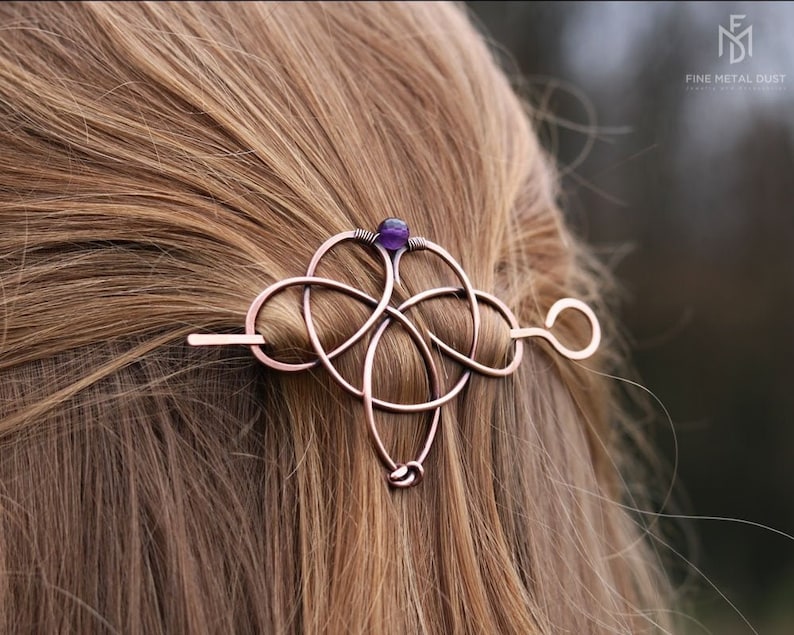 Celtic knot hair clip with genuine gemstone Trinity triquetra hair pin Vikings copper hair barrette Shawl pins Womens gift for her image 1