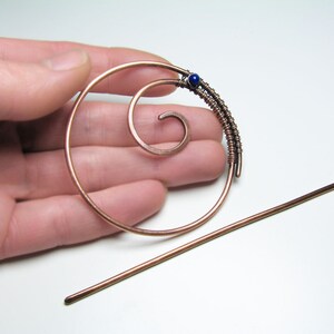 Round spiral hair pin with gemstone Circle hair barrette Hair stick Metal hair pin Rustic copper barrette Shawl pin Womens gift For her image 7