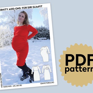 May include: Maternity add-on pattern for the Siri Slimfit dress. The pattern includes instructions for a maternity bodice and a nursing panel. The pattern is available in sizes XXS-4XL (00-30). #SIRISLIMFIT