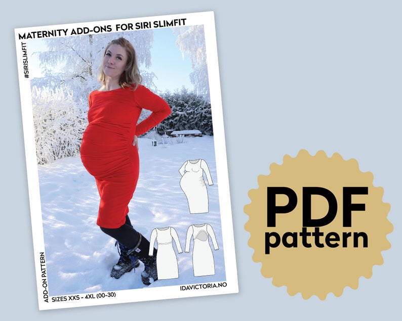 May include: Maternity add-on pattern for the Siri Slimfit dress. The pattern includes instructions for a maternity bodice and a nursing panel. The pattern is available in sizes XXS-4XL (00-30). #SIRISLIMFIT