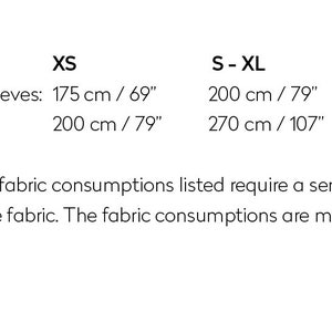 May include: Fabric consumption chart for different sizes of clothing. XS: 175 cm / 69 inches, S-XL: 200 cm / 79 inches, 270 cm / 107 inches, 2XL-4XL: 215 cm / 85 inches, 290 cm / 115 inches.