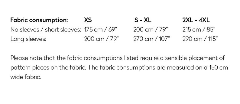 May include: Fabric consumption chart for different sizes of clothing. XS: 175 cm / 69 inches, S-XL: 200 cm / 79 inches, 270 cm / 107 inches, 2XL-4XL: 215 cm / 85 inches, 290 cm / 115 inches.