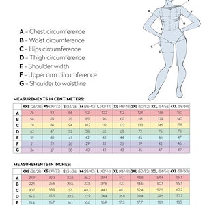 May include: A size chart for clothing with measurements in inches and centimeters. The chart shows the measurements for chest, waist, hips, thigh, shoulder width, upper arm circumference, and shoulder to waistline. The measurements are listed for sizes XXS to 4XL.