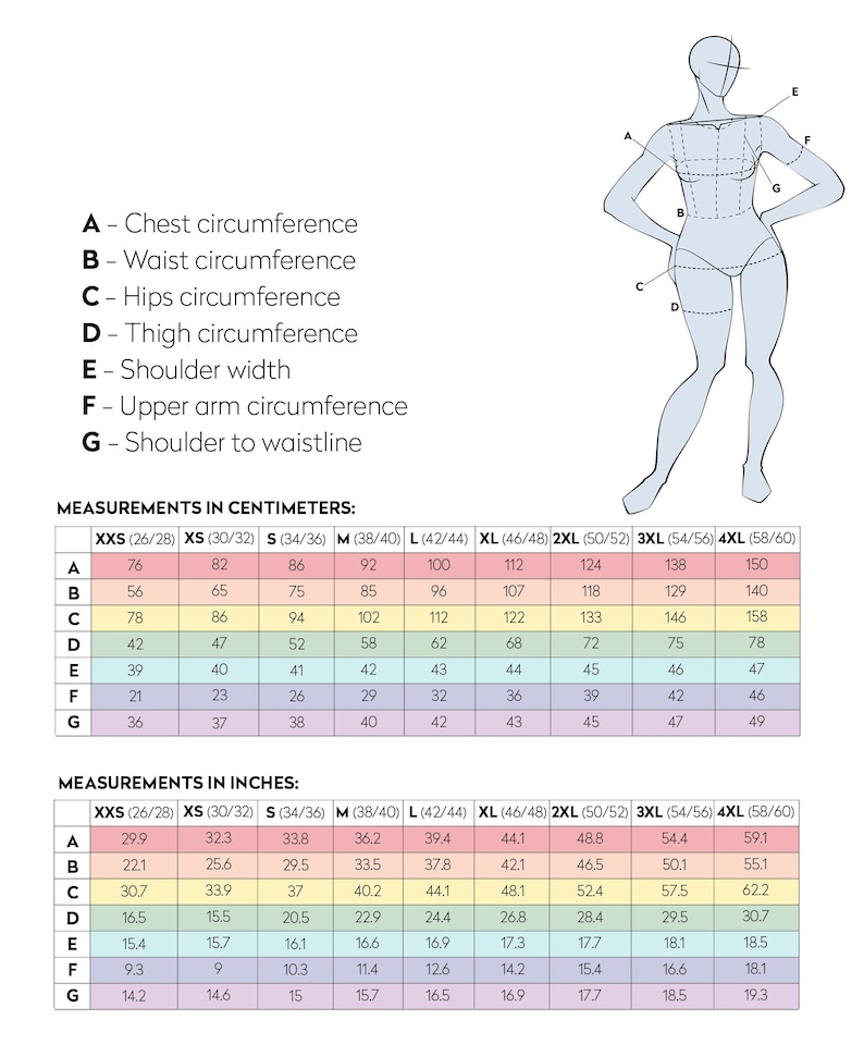May include: A size chart for clothing with measurements in inches and centimeters. The chart shows the measurements for chest, waist, hips, thigh, shoulder width, upper arm circumference, and shoulder to waistline. The measurements are listed for sizes XXS to 4XL.