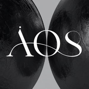May include: A black and white graphic design with the word "Aos" in a stylized font. The word is positioned between two black spheres.